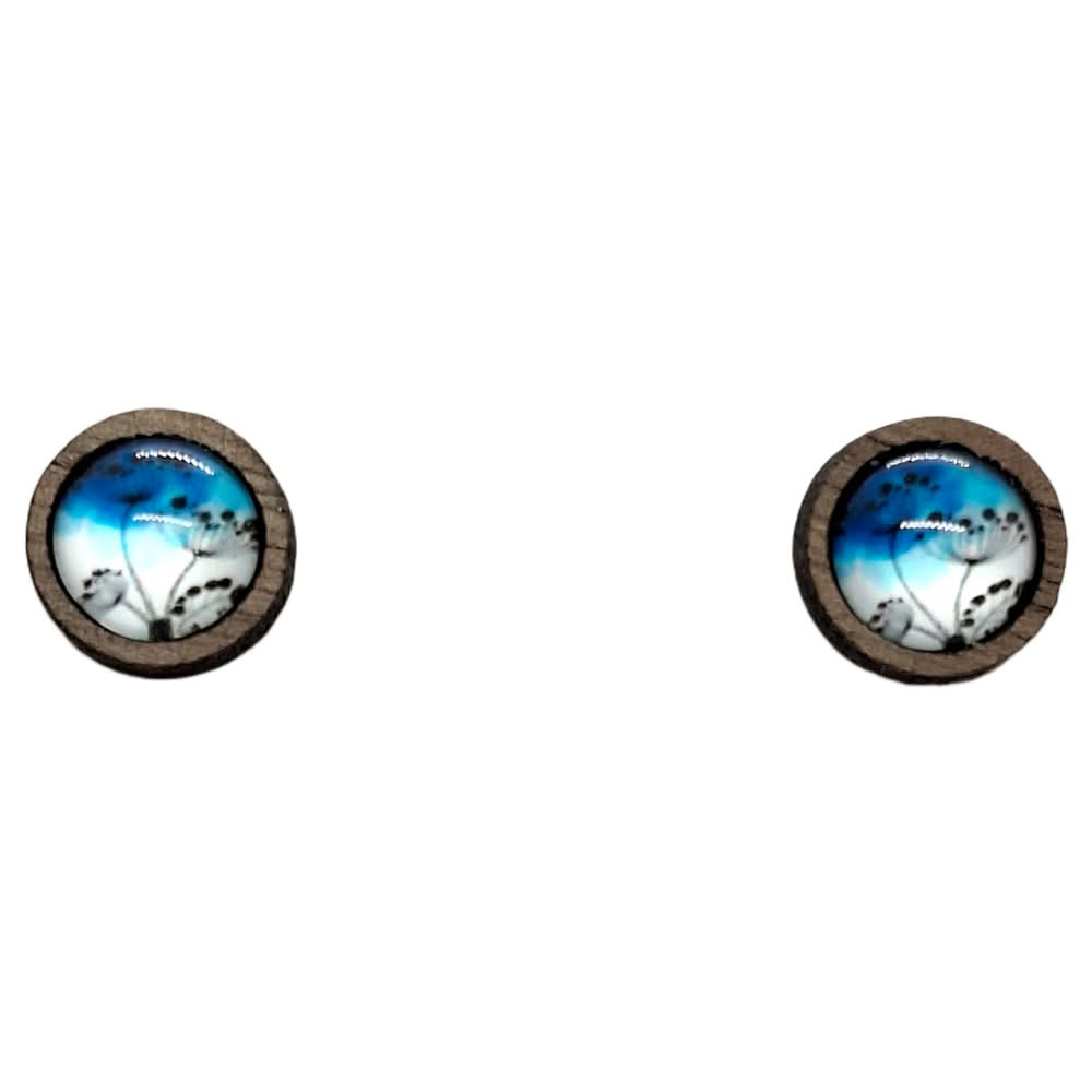 modro-bel vzorec medaljon leseni uhani