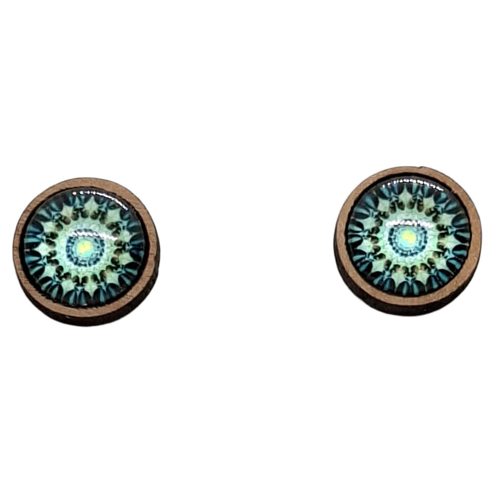 modro-zelen vzorec medaljon leseni uhani