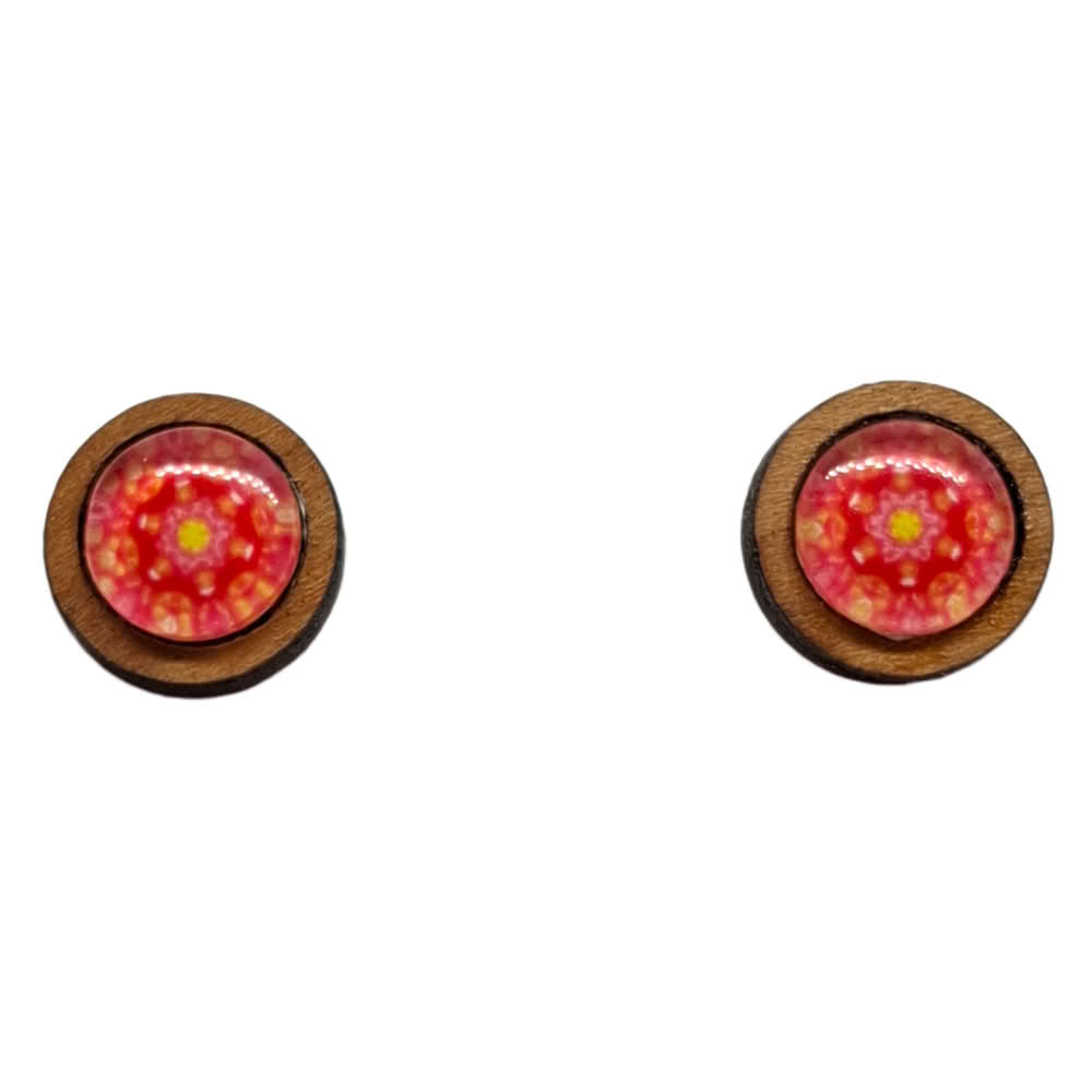 rdeč medaljon leseni uhani