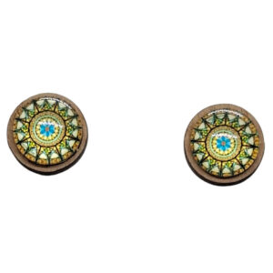 rumena mandala medaljon leseni uhani